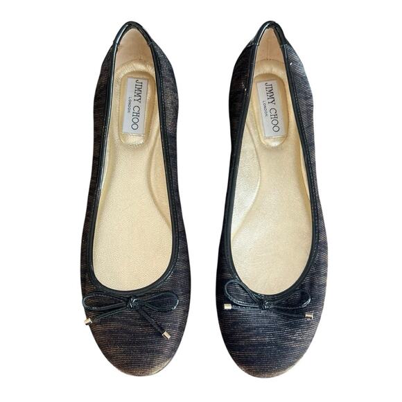 Jimmy Choo Women’s Round Toe Zebra Metallic Plisse Stripe Black Ballet Flats - Picture 2 of 11